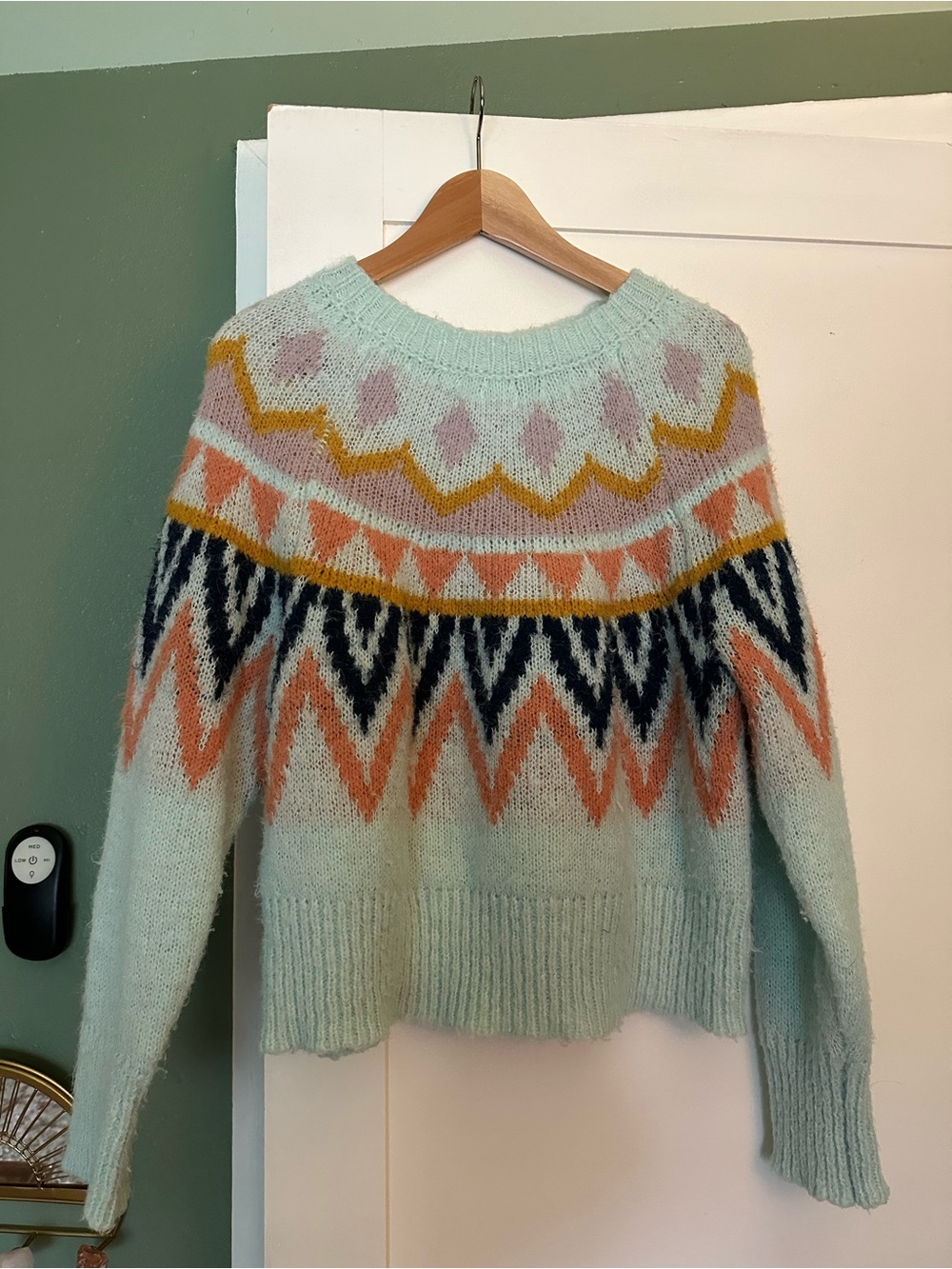 a new day Mint Fair Isle Crewneck Sweater with Coral, Navy & Mustard Accents